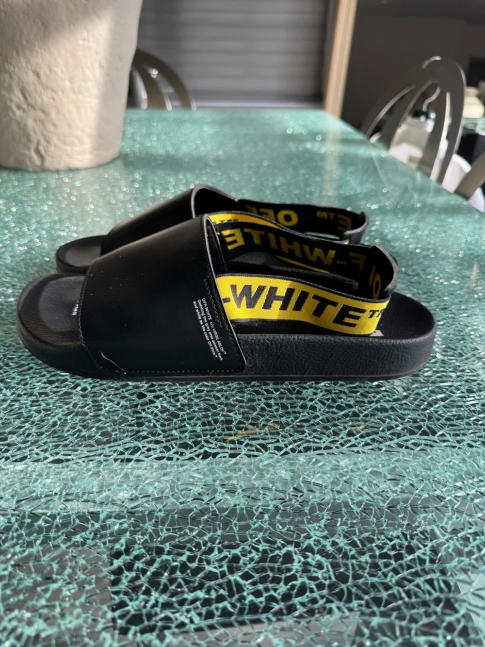 Off-White Black Slides‎ with Yellow Branded Sling 44